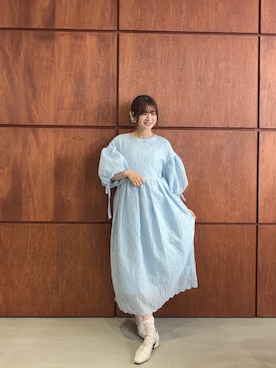 「MERAKI（メラキ）のバルーンスリーブジャガードワンピース（ワンピース、ブルー系）」を使った、あすchanさん（レディース・157cm）の夏コーディネート
