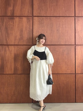 「MERAKI（メラキ）のバルーンスリーブジャガードワンピース（ワンピース、ホワイト系）」を使った、あすchanさん（レディース・157cm）の夏コーディネート