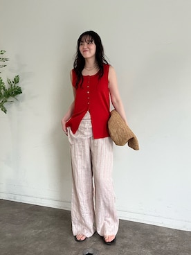 「DouDou（ドゥドゥ）のフロントボタンスクエアニットタンク（ニット/セーター、オレンジ系）」を使った、mikuさん（レディース・165cm）の春コーディネート