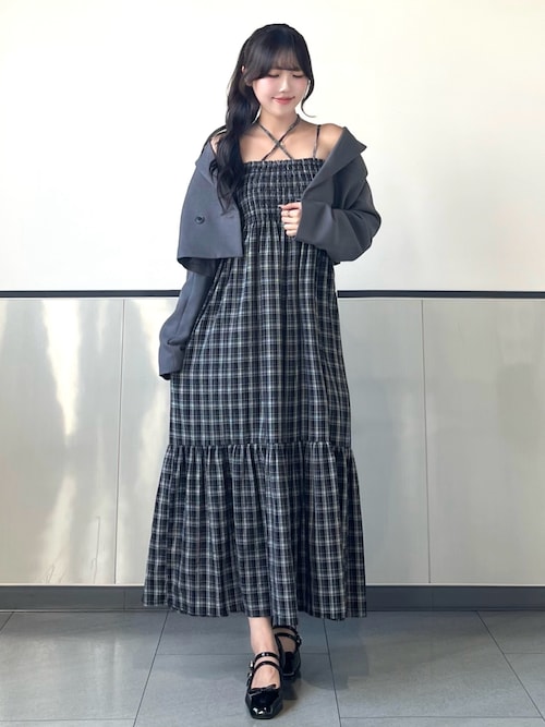 セール】ホルターネックチェック柄シャーリングワンピース