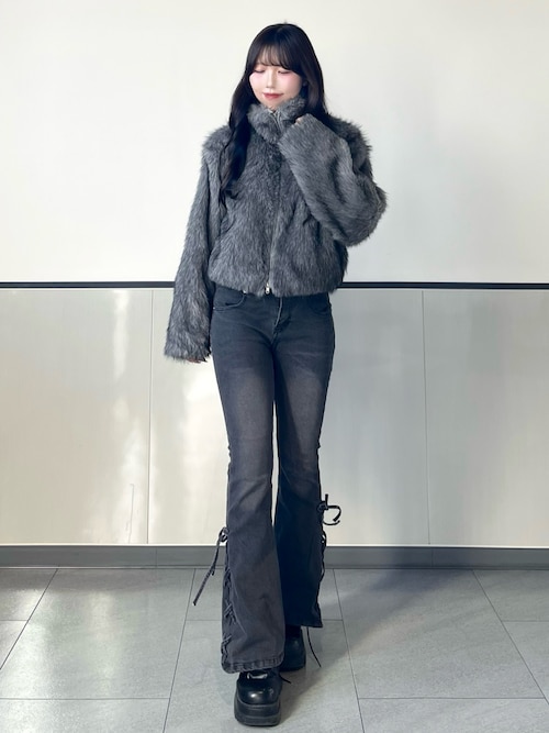 セール】フロントジップスタンドカラーエコファーコート（ブルゾン