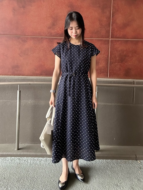 日本未入荷★Karen Millen ドット柄フレアワンピース セール】麻調カルゼドットプリントフレアースカートワンピース
