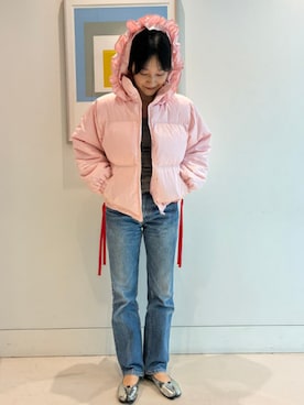 「CAROLINA GLASER（カロリナ グレイサー）のカラー 中綿 フード ブルゾン  旅行 ライブ  映え  アウター 大人ガーリー 推し活  お出かけ アウター（ブルゾン、ピンク系）」を使った、カロリナグレイサーさん（レディース・164cm）の秋コーディネート