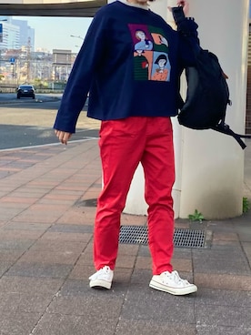 「レッドコーデ」｜「アイテム（パンツ）」を使った、miさん（レディース・155cm）の秋コーディネート