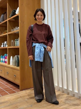 「BEAMS HEART（ビームスハート）のボーダー ビッグ ロングスリーブ Tシャツ（Tシャツ/カットソー、レッド系）」を使った、BEAMS HEART WOMENさん（レディース・160cm）の秋コーディネート
