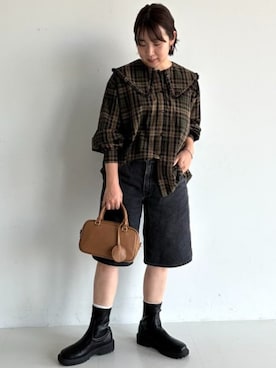 「BEAMS HEART（ビームスハート）のチビフリル 襟 シャツ（シャツ/ブラウス、その他）」を使った、BEAMS HEART WOMENさん（レディース・159cm）の夏コーディネート