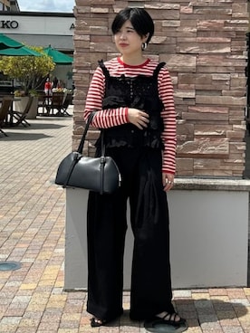 「BEAMS HEART（ビームスハート）のボーダー テンチ プルオーバー（Tシャツ/カットソー、レッド系）」を使った、BEAMS HEART WOMENさん（レディース・159cm）の夏コーディネート