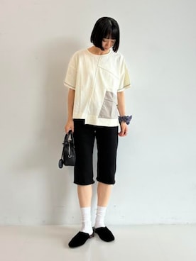 「BEAMS HEART（ビームスハート）のパッチワーク 切り替え プルオーバー（T Shirts、ホワイト系）」を使った、BEAMS HEART WOMENさん（レディース・160cm）の夏コーディネート