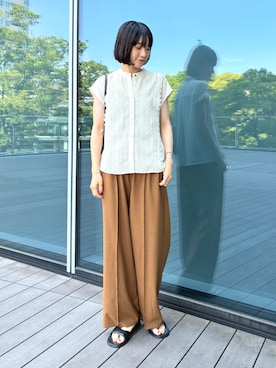 「BEAMS HEART（ビームスハート）のフロント レース フレンチ ブラウス（シャツ/ブラウス、イエロー系）」を使った、BEAMS HEART WOMENさん（レディース・153cm）の春コーディネート