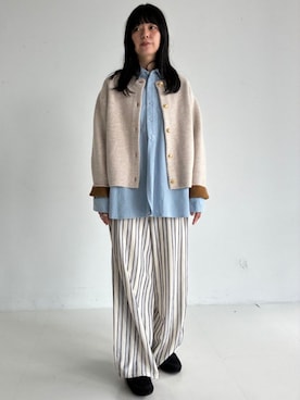 「BEAMS HEART（ビームスハート）のストライプ カット パンツ（セットアップ対応）（スラックス、ホワイト系）」を使った、BEAMS HEART WOMENさん（レディース・159cm）の夏コーディネート