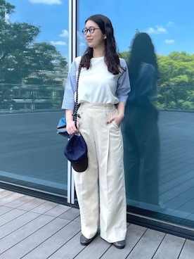 「BEAMS HEART（ビームスハート）のマリン タック ワイド パンツ（その他パンツ、ホワイト系）」を使った、BEAMS HEART WOMENさん（レディース・153cm）の春コーディネート