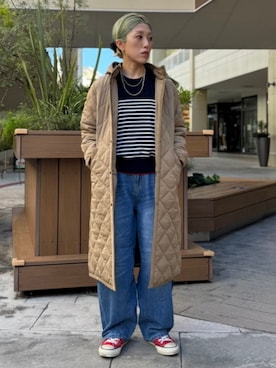 「BEAMS HEART（ビームスハート）のフード キルティング コート（その他アウター、ベージュ系）」を使った、BEAMS HEART WOMENさん（レディース・160cm）の秋コーディネート