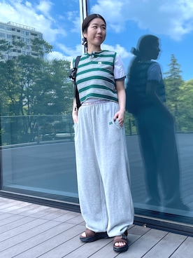 「BEAMS HEART（ビームスハート）の杢 クルーネック リンガーTシャツ（Tシャツ/カットソー、ホワイト系）」を使った、BEAMS HEART WOMENさん（レディース・153cm）の春コーディネート