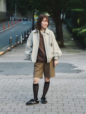 「BEAMS HEART（ビームスハート）のヴィンテージライク レザー ブルゾン（ブルゾン、ブラウン系）」を使った、BEAMS HEART WOMENさん（レディース・160cm）の秋コーディネート