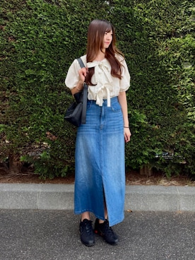 「BEAMS HEART（ビームスハート）の2WAY シャーリング リボンブラウス（シャツ/ブラウス、ホワイト系）」を使った、BEAMS HEART WOMENさん（レディース・153cm）の春コーディネート