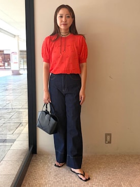 「BEAMS HEART（ビームスハート）のBEAMS HEART / センタープレス ワイドデニムパンツ（デニムパンツ、ブルー系）」を使った、BEAMS HEART WOMENさん（レディース・159cm）の夏コーディネート