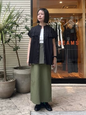 「BEAMS HEART（ビームスハート）のコンビ カーゴスカート（スカート、グリーン系）」を使った、BEAMS HEART WOMENさん（レディース・159cm）の夏コーディネート
