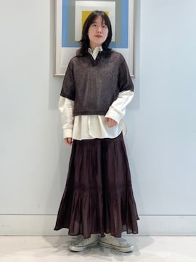 「BEAMS HEART（ビームスハート）のメッシュ ニット ポロシャツ（ポロシャツ、ブラウン系）」を使った、BEAMS HEART WOMENさん（レディース・153cm）の春コーディネート