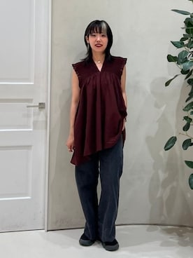 「BEAMS HEART（ビームスハート）のセンタープレス ワイドデニムパンツ（S～M）（デニムパンツ、ブラック系）」を使った、BEAMS HEART WOMENさん（レディース・159cm）の夏コーディネート