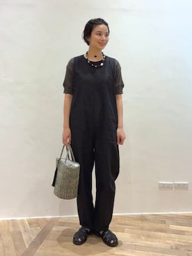 「BEAMS HEART（ビームスハート）の麻混 オールインワン（つなぎ/オールインワン、ブラック系）」を使った、BEAMS HEART WOMENさん（レディース・153cm）の春コーディネート