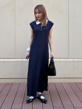「BEAMS HEART（ビームスハート）のニット ポロ ワンピース（ワンピース、ブルー系）」を使った、BEAMS HEART WOMENさん（レディース・159cm）の夏コーディネート