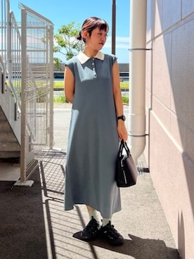 「BEAMS HEART（ビームスハート）のニット ポロ ワンピース（ワンピース、グリーン系）」を使った、BEAMS HEART WOMENさん（レディース・159cm）の夏コーディネート