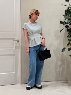 「BEAMS HEART（ビームスハート）のBEAMS HEART / センタープレス ワイドデニムパンツ（Denim pants、ブルー系）」を使った、BEAMS HEART WOMENさん（レディース・160cm）の夏コーディネート