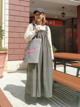 「BEAMS HEART（ビームスハート）のシアー ベロア リンガーTシャツ（Tシャツ/カットソー、イエロー系）」を使った、BEAMS HEART WOMENさん（レディース・153cm）の春コーディネート