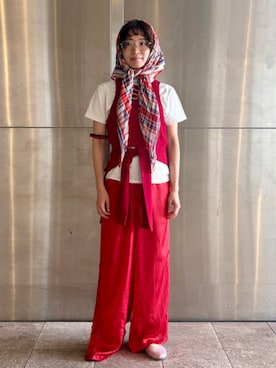 「BEAMS HEART（ビームスハート）のカーディガン × タンクトップ レイヤード プルオーバー（セットアイテム）（Tシャツ/カットソー、レッド系）」を使った、BEAMS HEART WOMENさん（レディース・159cm）の夏コーディネート