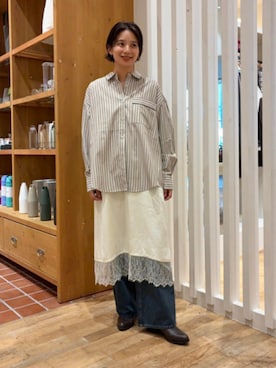 「BEAMS HEART（ビームスハート）のレース キャミソール ワンピース（ワンピース、ホワイト系）」を使った、BEAMS HEART WOMENさん（レディース・159cm）の夏コーディネート