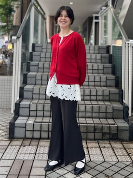 「BEAMS HEART（ビームスハート）のベーシック カーディガン（カーディガン/ボレロ、レッド系）」を使った、BEAMS HEART WOMENさん（レディース・160cm）の秋コーディネート