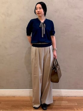 「BEAMS HEART（ビームスハート）のアジャスト ワイドパンツ（セットアップ対応）（スラックス、ブラウン系）」を使った、BEAMS HEART WOMENさん（レディース・153cm）の春コーディネート