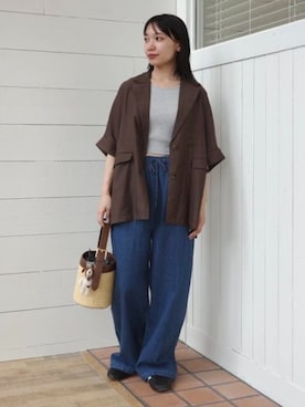 「BEAMS HEART（ビームスハート）のスカーフ バケット ハンドバッグ（ハンドバッグ、ベージュ系）」を使った、BEAMS HEART WOMENさん（レディース・153cm）の春コーディネート