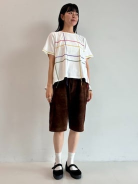 「BEAMS HEART（ビームスハート）のカラフル フリンジ ステッチ プルオーバー（T Shirts、ホワイト系）」を使った、BEAMS HEART WOMENさん（レディース・160cm）の夏コーディネート