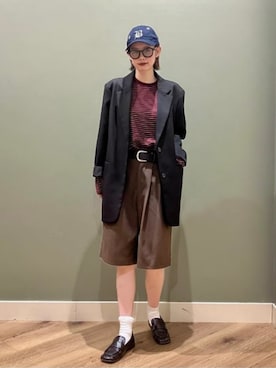 「BEAMS HEART（ビームスハート）のボーダー ビッグ ロングスリーブ Tシャツ（Tシャツ/カットソー、レッド系）」を使った、BEAMS HEART WOMENさん（レディース・160cm）の秋コーディネート