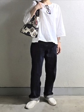 「無印良品（ムジルシリョウヒン）のアイテム（デニムパンツ）」を使った、pomekuruさん（レディース・157cm）の夏コーディネート