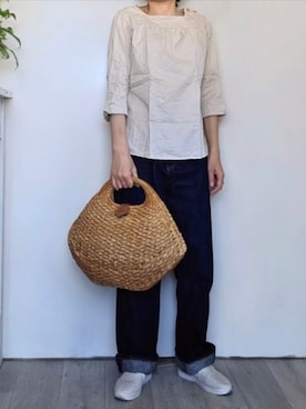 「無印良品（ムジルシリョウヒン）のアイテム（デニムパンツ）」を使った、pomekuruさん（レディース・157cm）の夏コーディネート