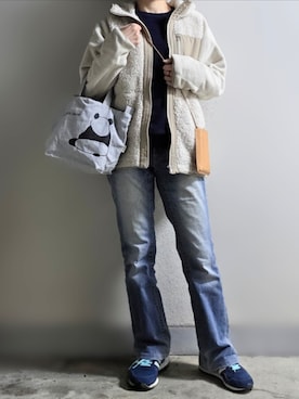 「WHITE MOUNTAINEERING（ホワイトマウンテニアリング）のUNIQLO×White Mountaineering ボアフリース　Mサイズ　m-2800（Other outerwear、ベージュ系）」を使った、pomekuruさん（レディース・157cm）の春コーディネート