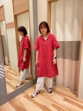 「Samansa Mos2（サマンサ モスモス）の【クールコットン】柄アソートスキッパーチュニック（シャツ/ブラウス）」を使った、ゆま🌻さん（レディース・155cm）の夏コーディネート