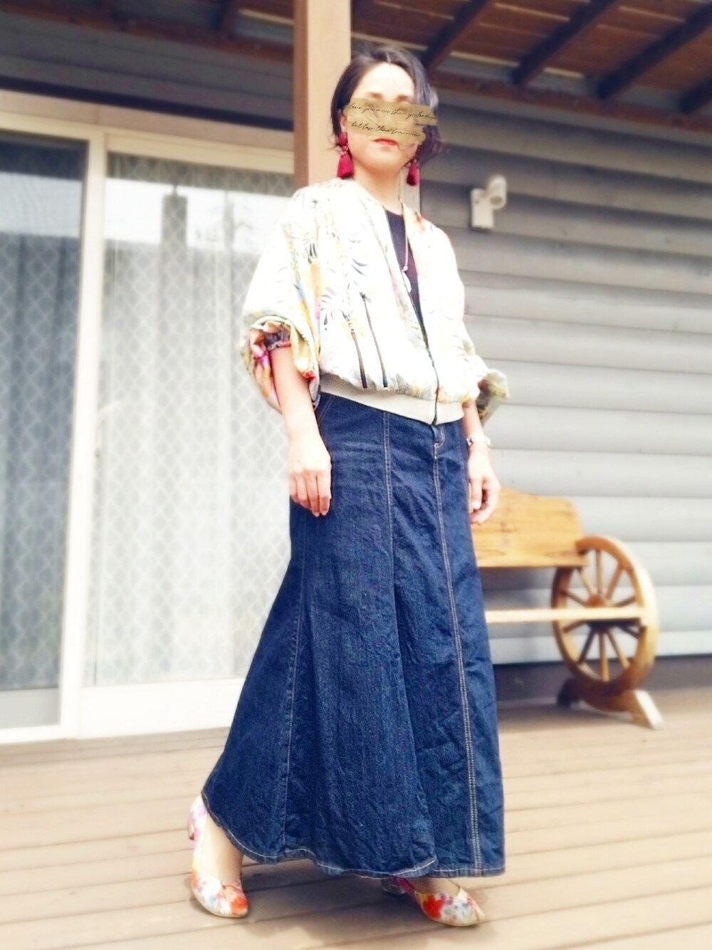 「マーメイドスカート、デニムスカート、和柄、MA-1、ブルゾン、花柄、GU」｜「ZARAの花柄MA-1（MA-1、その他）」を使った、遊雲さん（レディース・155cm）の春コーディネートの1枚目の写真