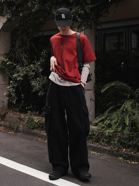 「CASPER JOHN（キャスパージョン）のSmooth compact T-shirts/スムースコンパクトTシャツ（Tシャツ/カットソー、レッド系）」を使った、くま🧸さん（メンズ・174cm）の春コーディネート