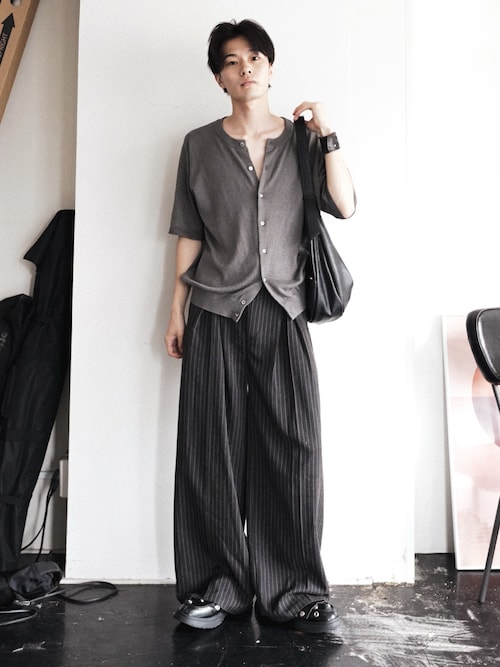 「CLEL（クレイル）の【CLEL】Giza Cotton Short Sleeve Crew Neck Cardigan / ギザコットン半袖クルーネックカーディガン（Tシャツ/カットソー）」を使った、くま🧸さん（メンズ・174cm）の夏コーディネート