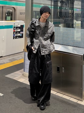 「CA4LA（カシラ）のSINGLE MISSILE M（ニットキャップ/ビーニー、ブラック系）」を使った、くま🧸さん（メンズ・174cm）の春コーディネート