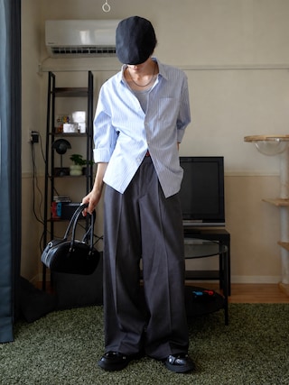 「CLEL(クレイル)の【CLEL】Herringbone Prime TR Stripe 2Tuck Slacks / ヘリンボーンプライムTR ストライプ2タックスラックス(スラックス)」を使った、くま🧸さん(メンズ・174cm)の夏コーディネート