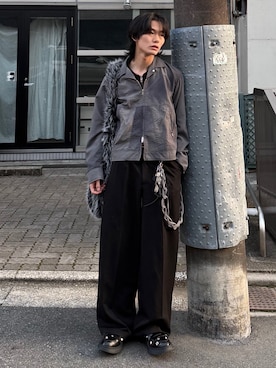 「CLEL（クレイル）の【CLEL】Minimal Collar Drivers Knit Shirt/ ミニマルカラードライバーズニットシャツ（ニット/セーター、ブラック系）」を使った、くま🧸さん（メンズ・174cm）の春コーディネート