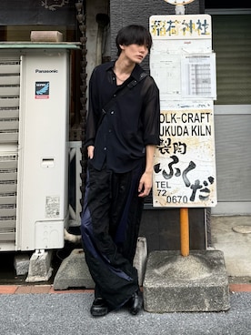 「CLEL（クレイル）の【CLEL】Basic/Floral Pattern Sheer Shirt / ベーシック/花柄 シアーシャツ（シャツ/ブラウス、ブラック系）」を使った、くま🧸さん（メンズ・174cm）の夏コーディネート