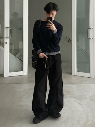 「NVRFRGT（ネヴァーフォーゲット）の【NVRFRGT】3D TWISTED WIDE LEG JEANS（デニムパンツ）」を使った、くま🧸さん（メンズ・174cm）の春コーディネート