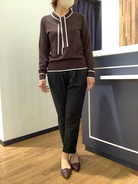 「TOKYO SHIRTS（トウキョウシャツ）のマットジョーゼット 配色 ボウタイブラウス 長袖 レディースデザインシャツ（シャツ/ブラウス、ブラウン系）」を使った、BRICK HOUSE by Tokyo Shirts 浜松市野イオンモール店さん（レディース・155cm）の秋コーディネート