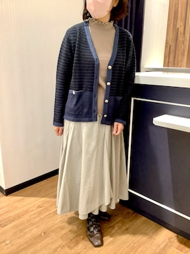 「TOKYO SHIRTS（トウキョウシャツ）のツイード風 Vネック ジャケット（ノーカラージャケット、ブルー系）」を使った、BRICK HOUSE by Tokyo Shirts 浜松市野イオンモール店さん（レディース・155cm）の秋コーディネート