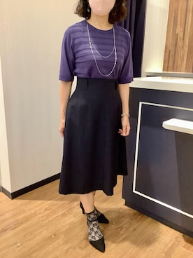 「TOKYO SHIRTS（トウキョウシャツ）の前身タックボーダー クルーネックプルオーバーニット 五分袖 レディース（ニット/セーター、パープル系）」を使った、BRICK HOUSE by Tokyo Shirts 浜松市野イオンモール店さん（レディース・155cm）の夏コーディネート